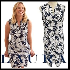 LAURA Navy/White Tropical Print Sleeveless Pocket A-Line Dress (S)